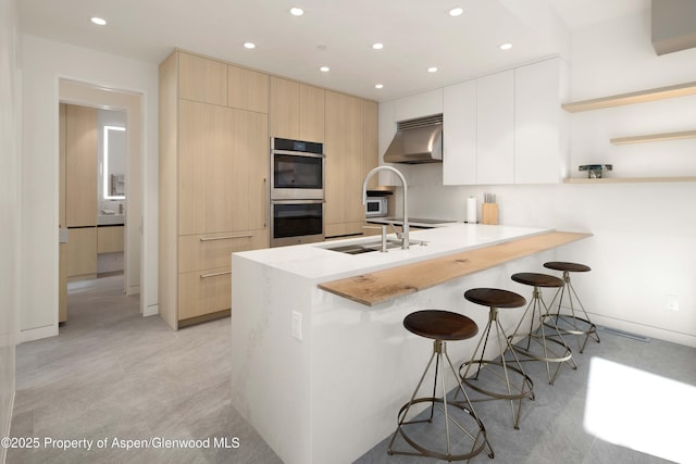 211 W Main St, Aspen, CO 81611 - kitchen with stainless steel double oven, under cabinet range hood, open shelves, modern cabinets, and recessed lighting