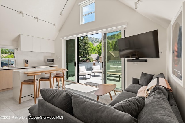 211 W Main St, Aspen, CO 81611 - living area featuring rail lighting and high vaulted ceiling