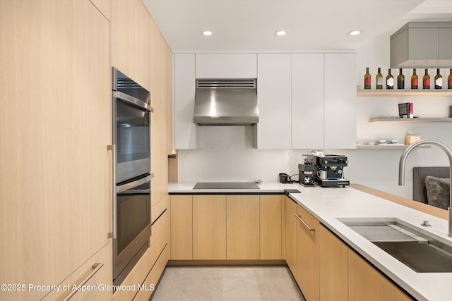 211 W Main St, Aspen, CO 81611 - kitchen featuring wall chimney exhaust hood, a sink, modern cabinets, light brown cabinets, and double oven