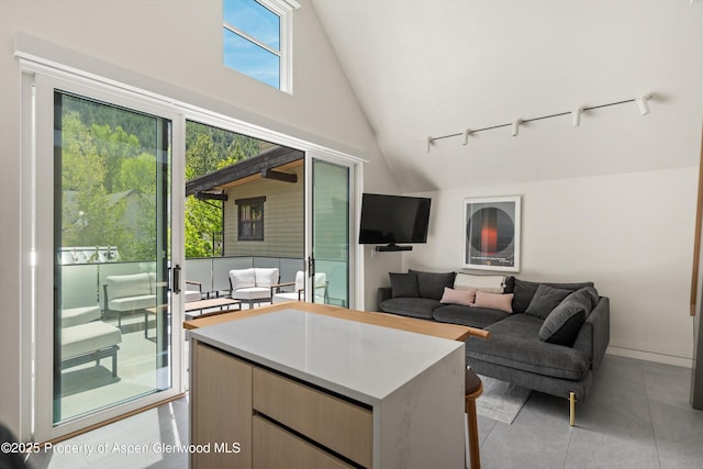 211 W Main St, Aspen, CO 81611 - living room featuring track lighting, vaulted ceiling, and light tile patterned floors