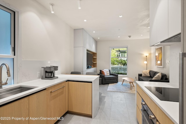 211 W Main St, Aspen, CO 81611 - kitchen with black electric cooktop, open floor plan, a peninsula, light countertops, and recessed lighting