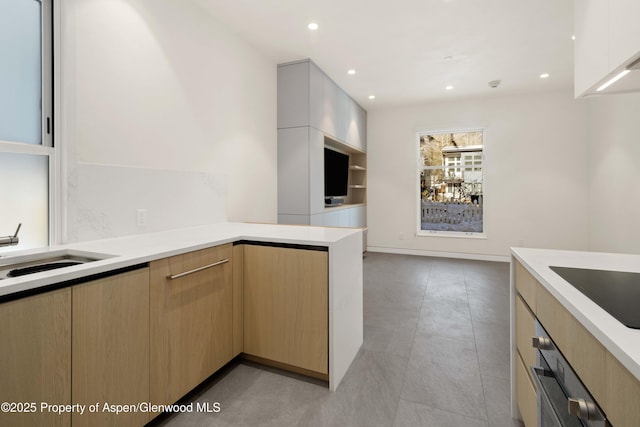 211 W Main St, Aspen, CO 81611 - kitchen with modern cabinets, light countertops, black electric stovetop, and recessed lighting