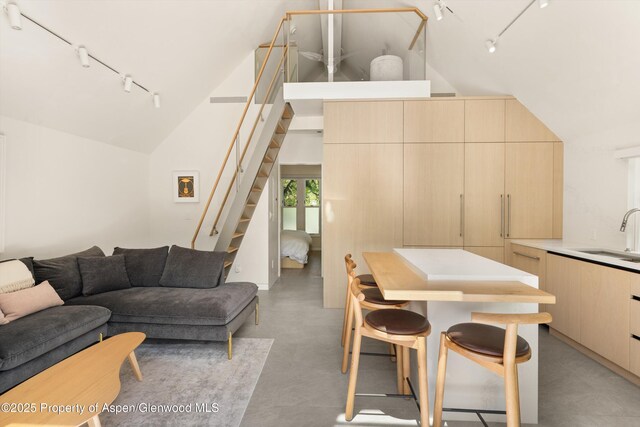 211 W Main St, Aspen, CO 81611 - living area with rail lighting, stairs, finished concrete floors, and high vaulted ceiling