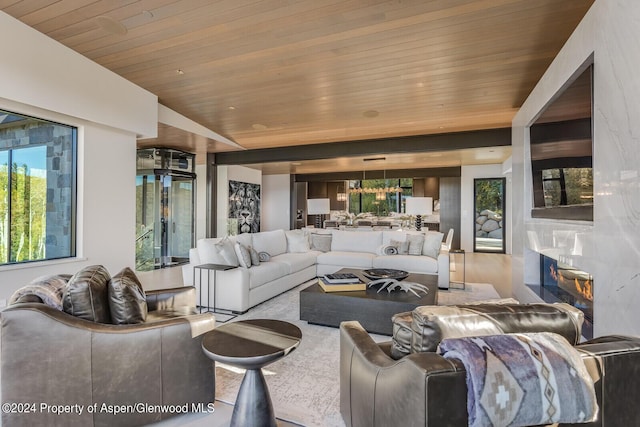 living room featuring a healthy amount of sunlight, wooden ceiling, and a fireplace