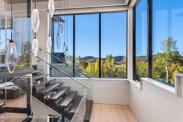 interior space with a mountain view