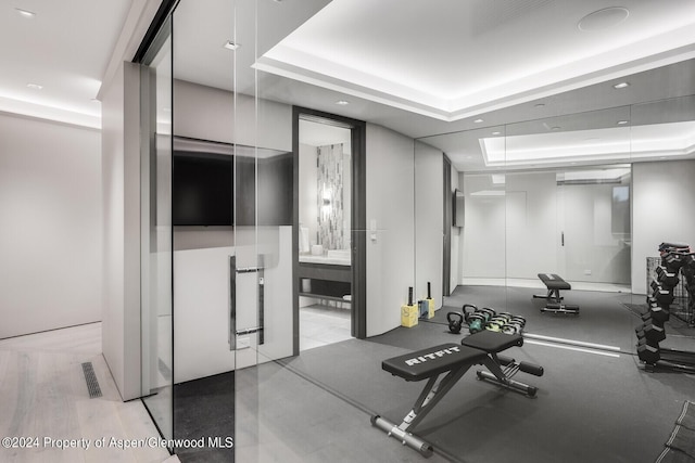 exercise area with a raised ceiling