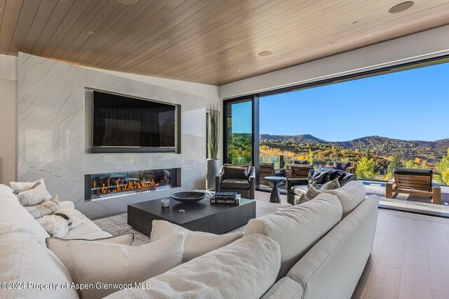 living room with wood-type flooring and wood ceiling