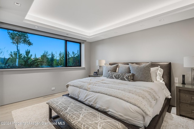 bedroom featuring light wood-type flooring and a tray ceiling