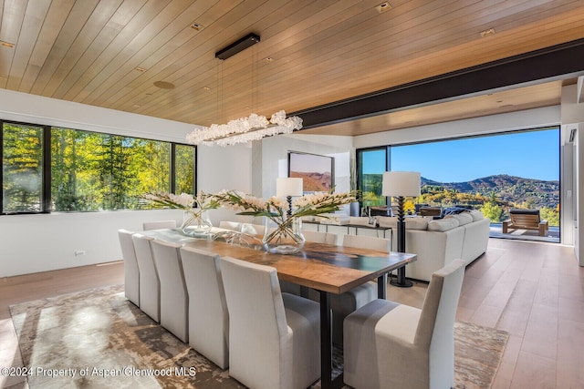 dining room featuring hardwood / wood-style floors, a mountain view, wooden ceiling, and an inviting chandelier