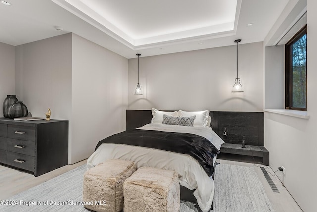 bedroom featuring a raised ceiling and light hardwood / wood-style floors