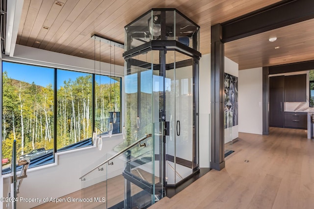 hall with hardwood / wood-style flooring and wood ceiling