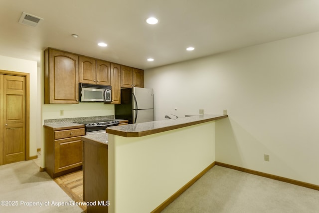 201 14th St Unit 300, Glenwood Springs, CO 81601 - kitchen featuring stainless steel appliances, a peninsula, recessed lighting, light carpet, and baseboards