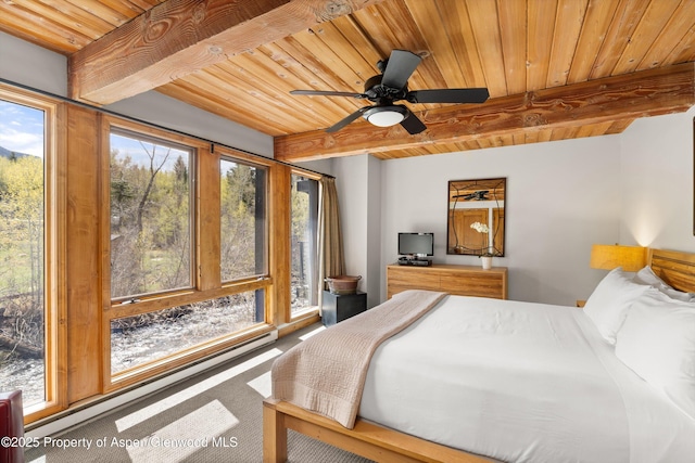 1039 E Cooper Ave Unit 21, Aspen, CO 81611 - bedroom with wooden ceiling with exposed beams, multiple windows, carpet floors, access to exterior, and a ceiling fan
