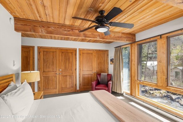 1039 E Cooper Ave Unit 21, Aspen, CO 81611 - carpeted bedroom featuring wooden ceiling with exposed beams, multiple closets, and a baseboard heating unit