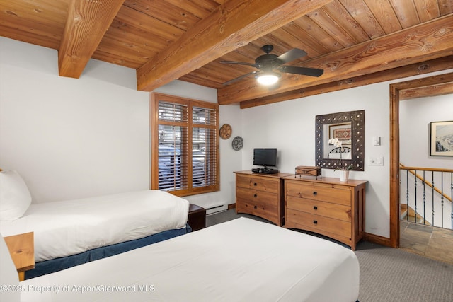 1039 E Cooper Ave Unit 21, Aspen, CO 81611 - carpeted bedroom featuring wood ceiling with exposed beams, baseboard heating, and baseboards