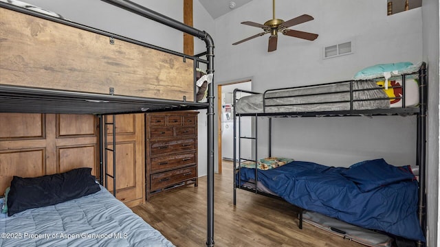 2051 Grass Mesa Rd, Rifle, CO 81650 - bedroom featuring wood finished floors, lofted ceiling, and ceiling fan