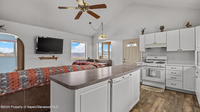 2051 Grass Mesa Rd, Rifle, CO 81650 - kitchen with white gas range, under cabinet range hood, a ceiling fan, white cabinets, and high vaulted ceiling