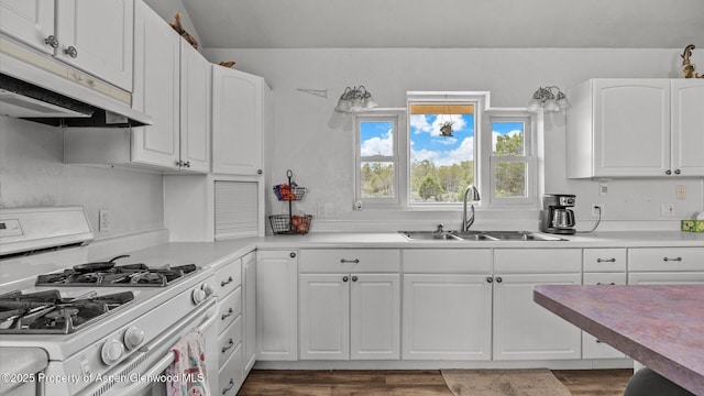 2051 Grass Mesa Rd, Rifle, CO 81650 - kitchen featuring white range with gas stovetop, a sink, under cabinet range hood, white cabinets, and wood finished floors