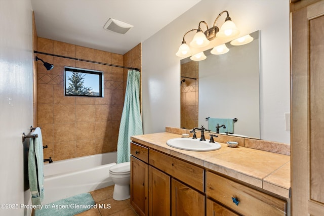 full bath with vanity, visible vents, shower / bath combination with curtain, tile patterned floors, and toilet