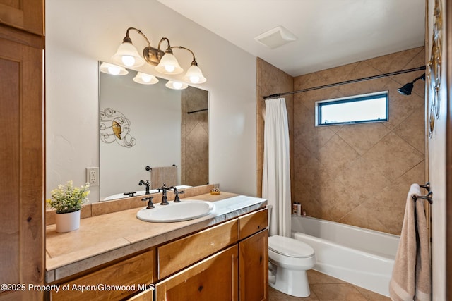 full bathroom featuring visible vents, toilet, tile patterned floors, shower / bath combination with curtain, and vanity