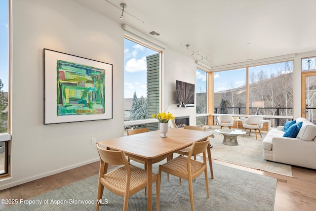 dining room with a wealth of natural light, expansive windows, and wood finished floors