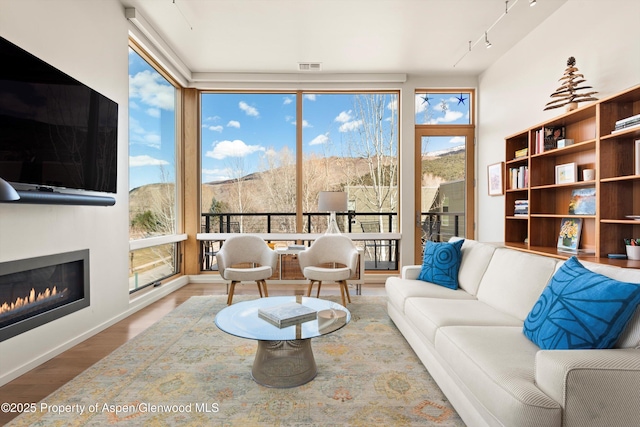 living area featuring a glass covered fireplace, rail lighting, visible vents, and wood finished floors