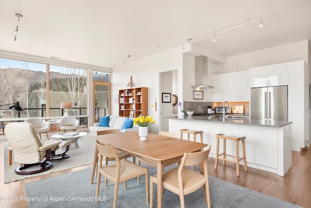 dining room with track lighting and light wood-type flooring