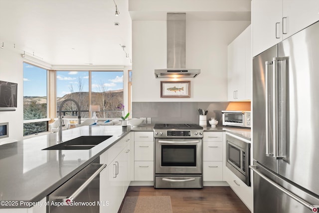 kitchen with white cabinets, wall chimney exhaust hood, appliances with stainless steel finishes, and a sink