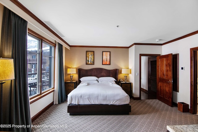 carpeted bedroom featuring ornamental molding and baseboards