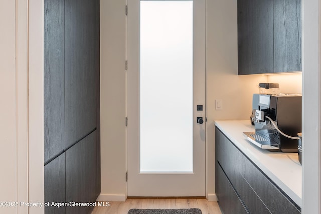 entryway featuring baseboards and light wood-type flooring