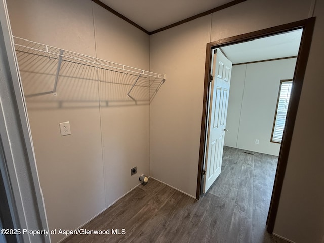 laundry room featuring electric dryer hookup, ornamental molding, and dark hardwood / wood-style floors