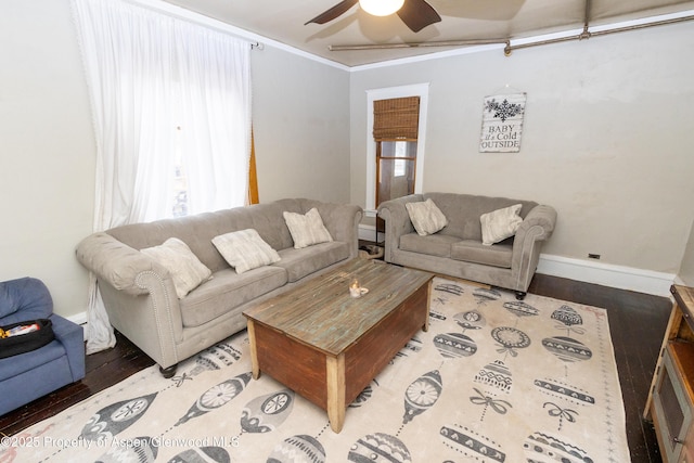 living room with hardwood / wood-style flooring and ceiling fan