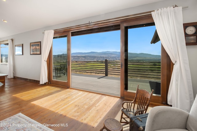 entryway with hardwood / wood-style floors and a mountain view