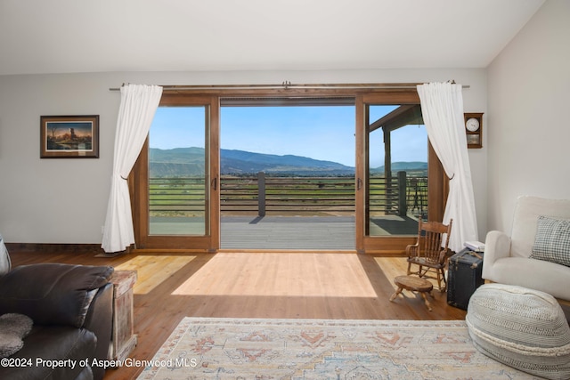 doorway with a mountain view and wood-type flooring