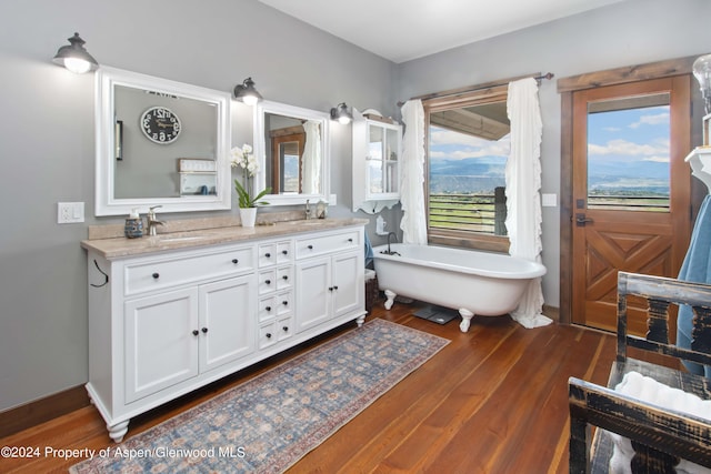 bathroom with a bathtub, vanity, and hardwood / wood-style flooring