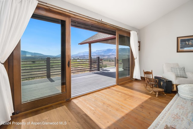 entryway with a mountain view, hardwood / wood-style flooring, and a healthy amount of sunlight