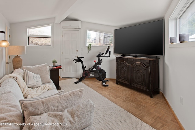 living area with baseboards, a wall mounted air conditioner, and vaulted ceiling with beams