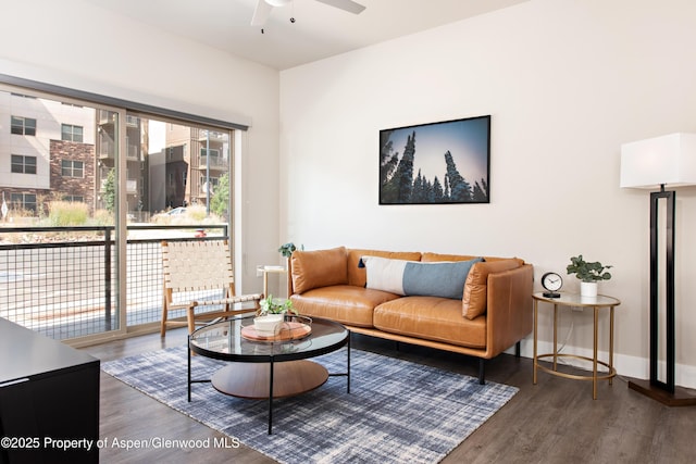253 Wulfsohn Rd Unit 312, Glenwood Springs, CO 81601 - living area with wood finished floors, a ceiling fan, and baseboards