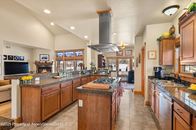 kitchen with a center island, island exhaust hood, stainless steel appliances, visible vents, and a sink