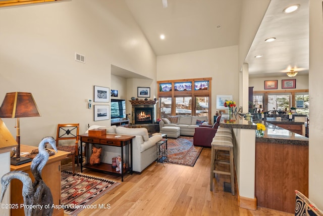 living room featuring a healthy amount of sunlight, light wood-style floors, a warm lit fireplace, and visible vents