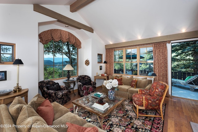 living room featuring beamed ceiling, high vaulted ceiling, a healthy amount of sunlight, and hardwood / wood-style flooring