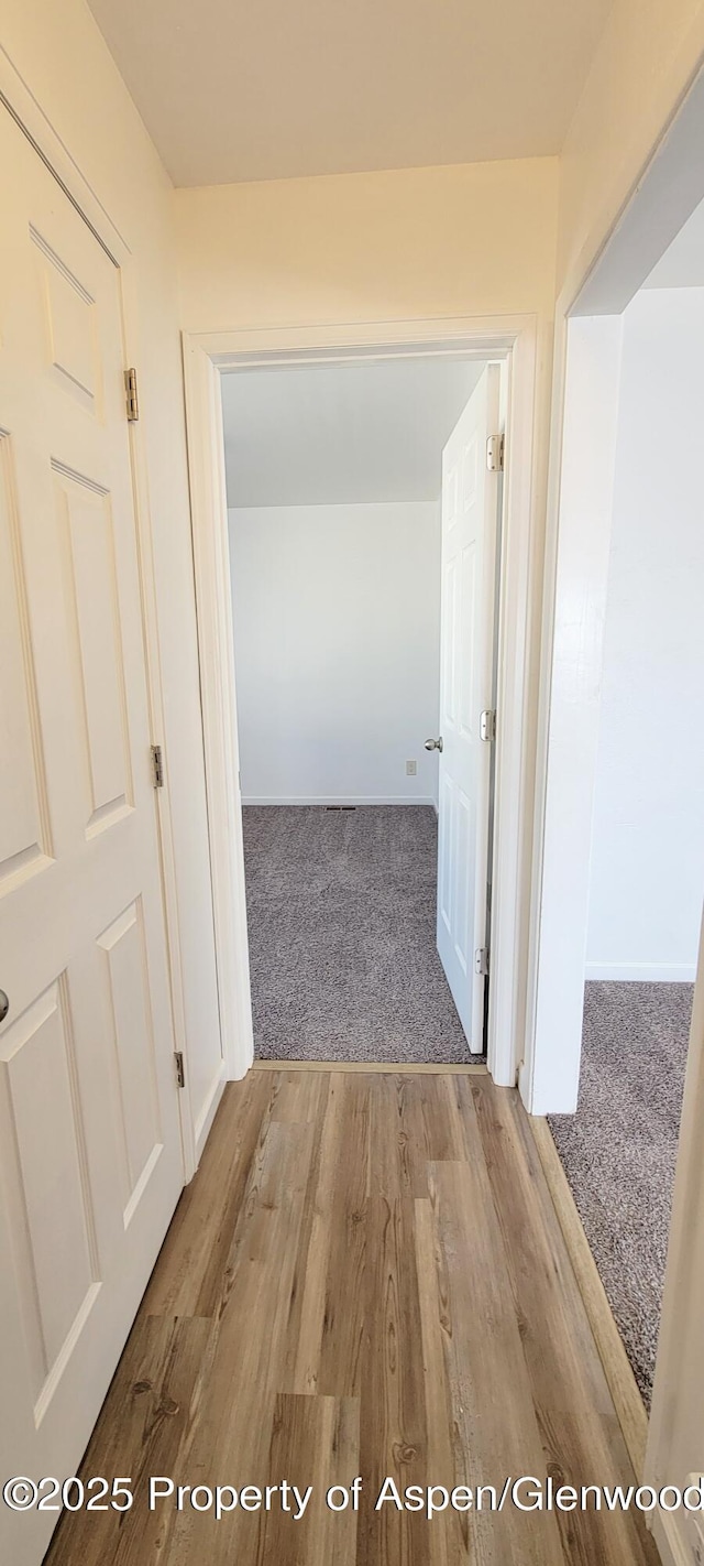 corridor with carpet floors and wood finished floors