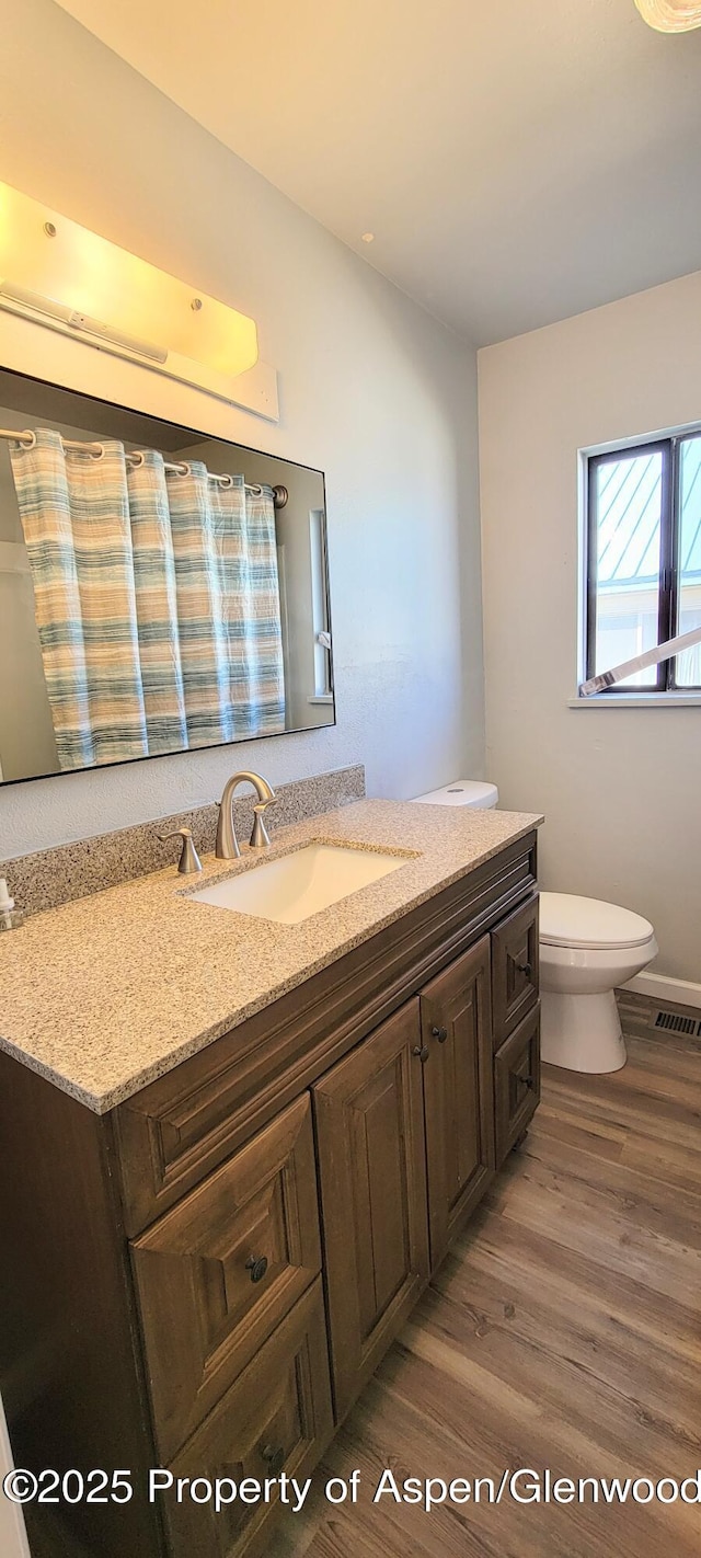 bathroom with a shower with curtain, toilet, wood finished floors, and vanity