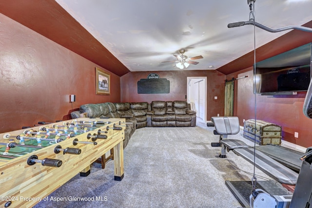 game room featuring carpet and ceiling fan