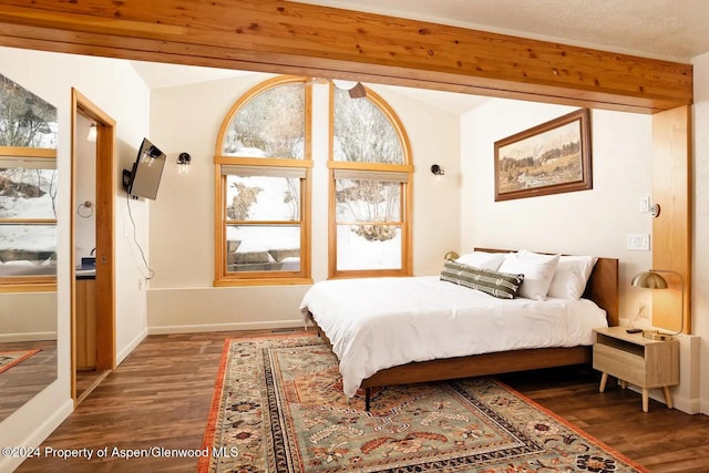 bedroom with multiple windows and dark wood-type flooring