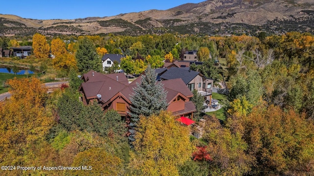 drone / aerial view featuring a mountain view