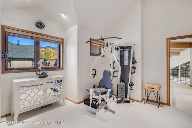 exercise area with light carpet and lofted ceiling