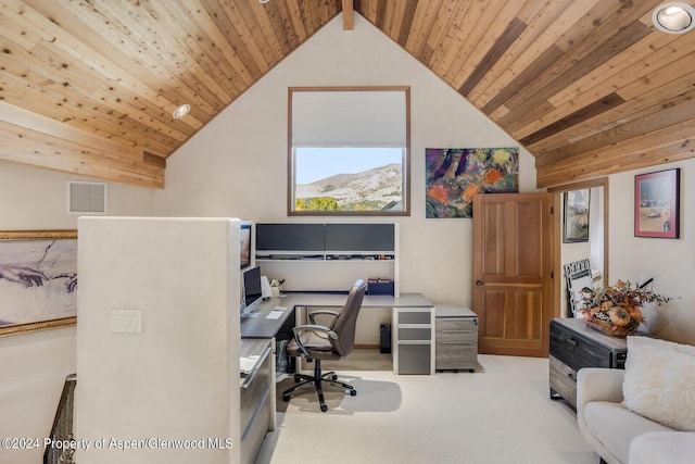 carpeted home office with lofted ceiling with beams and wood ceiling