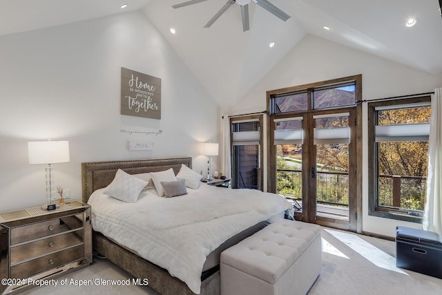 bedroom featuring access to outside, high vaulted ceiling, and ceiling fan