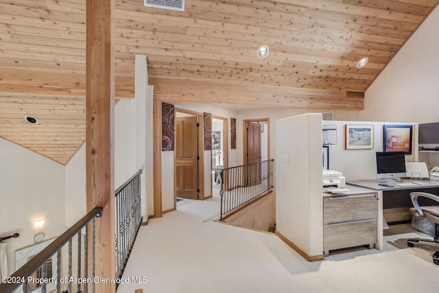 home office featuring light carpet, vaulted ceiling, and wooden ceiling